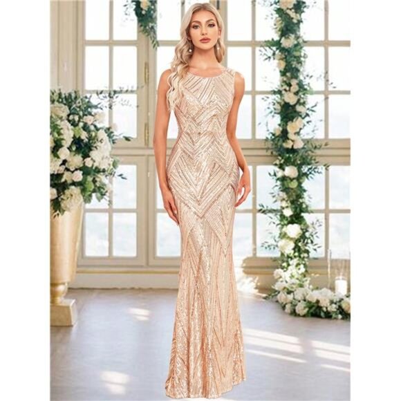 Women's Sleeveless Mermaid Hem Sequin Elegant Prom Evening Dresses,Formal - Picture 8 of 8